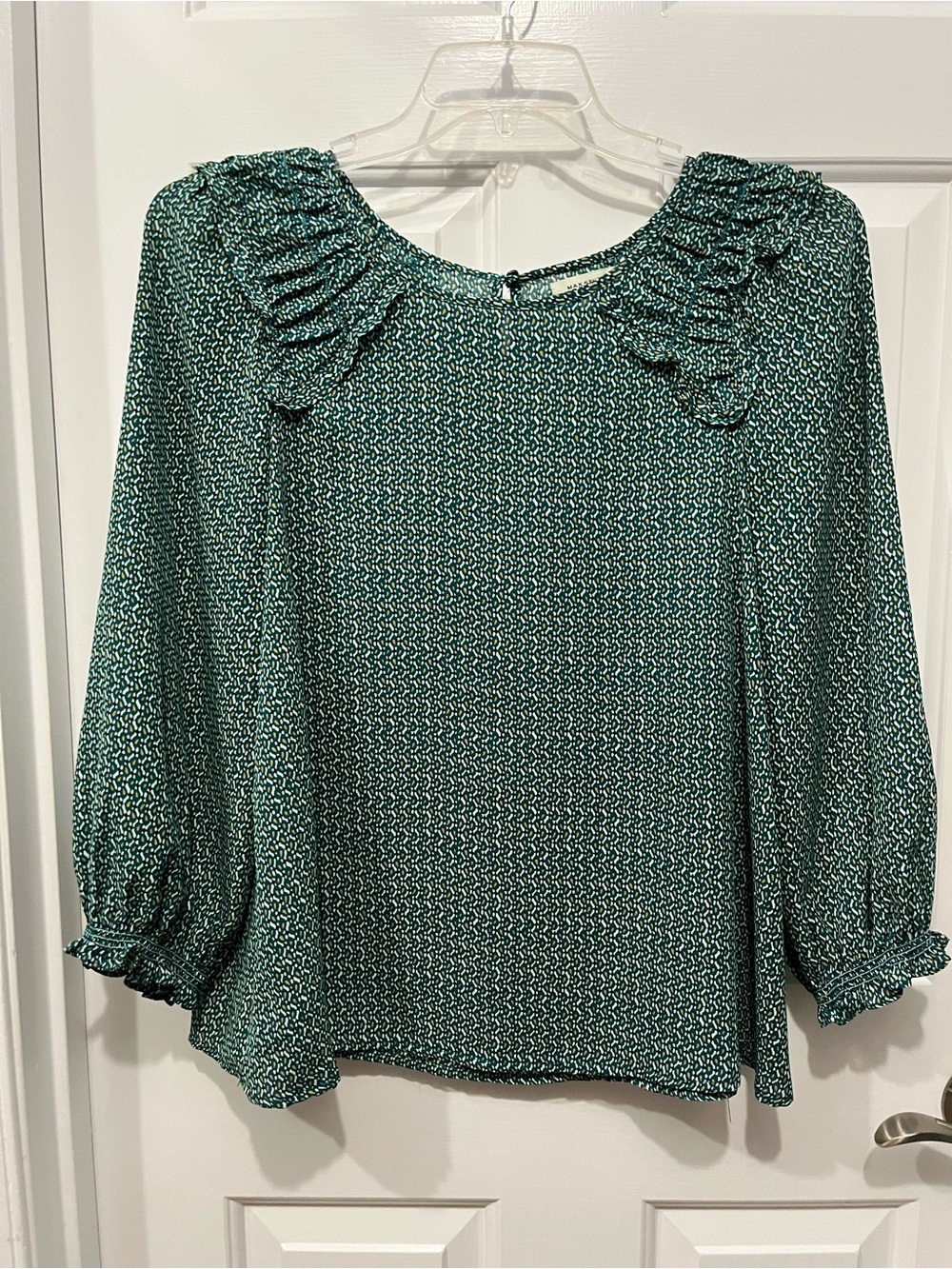 Max Studio Teal and White Ruffle Neck Blouse